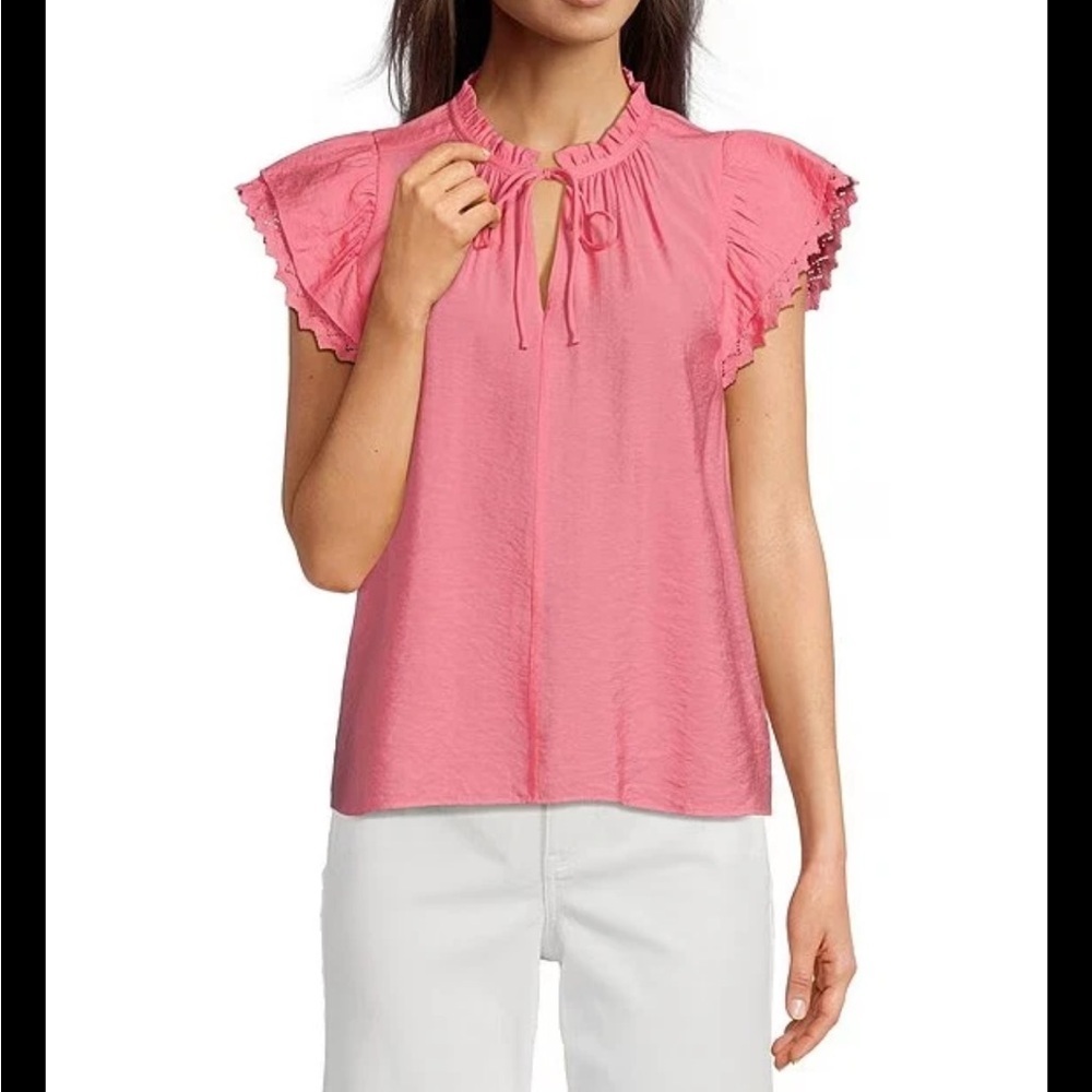 Current Air Pink Crochet Trim Ruffle Neck Blouse Small - Picture 2 of 8